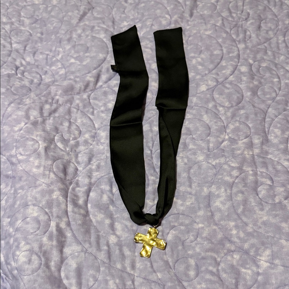 Chic Black Scarf with Gold Cross Pendant